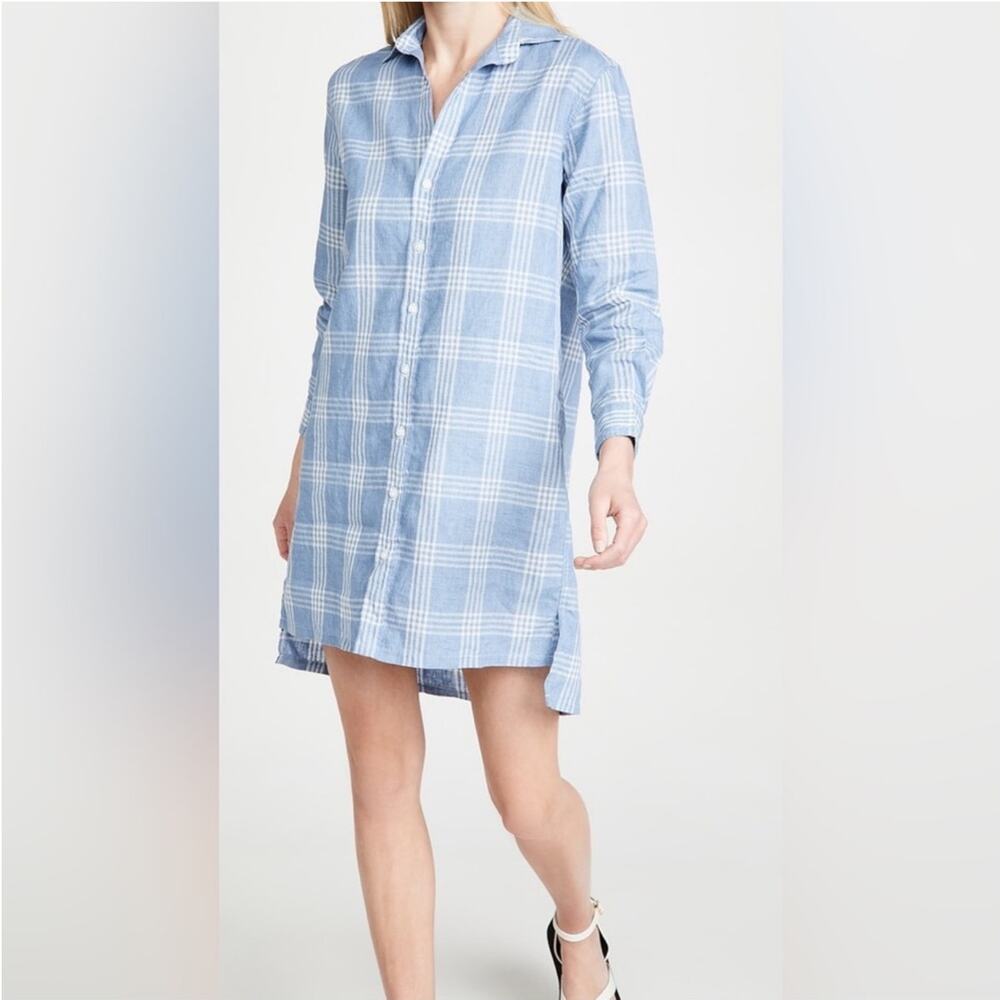 Frank & Eileen Hunter Linen Plaid Shirtdress Blue White XS Italy